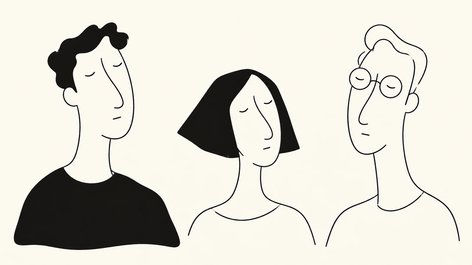 Minimal black ink illustration of three distinct abstract faces, representing the people behind a business