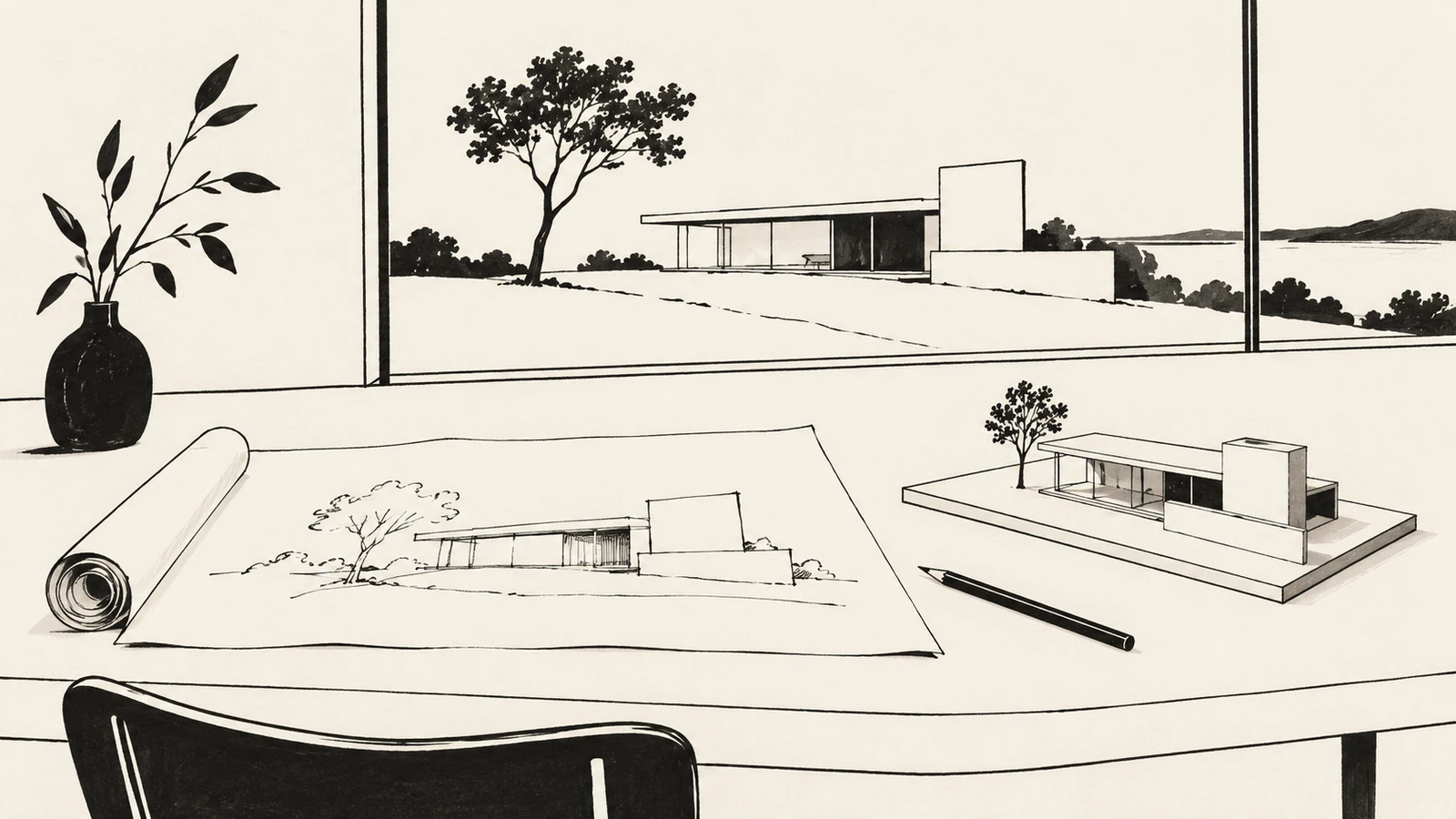 Black ink illustration of a house sketch and study model on a table, with a building visible through a window