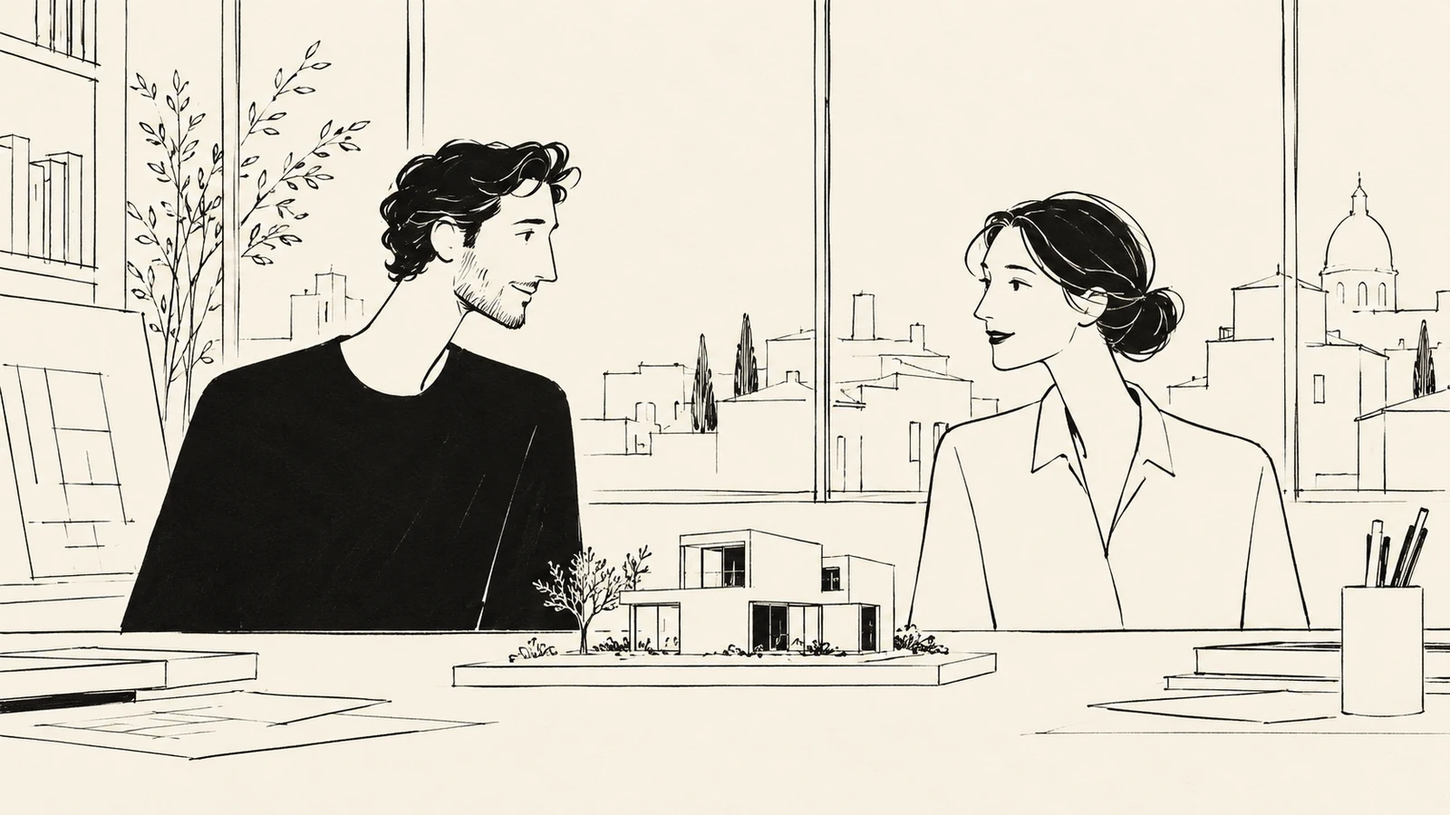 Black ink illustration of an architect and a client talking across a table with a small house model