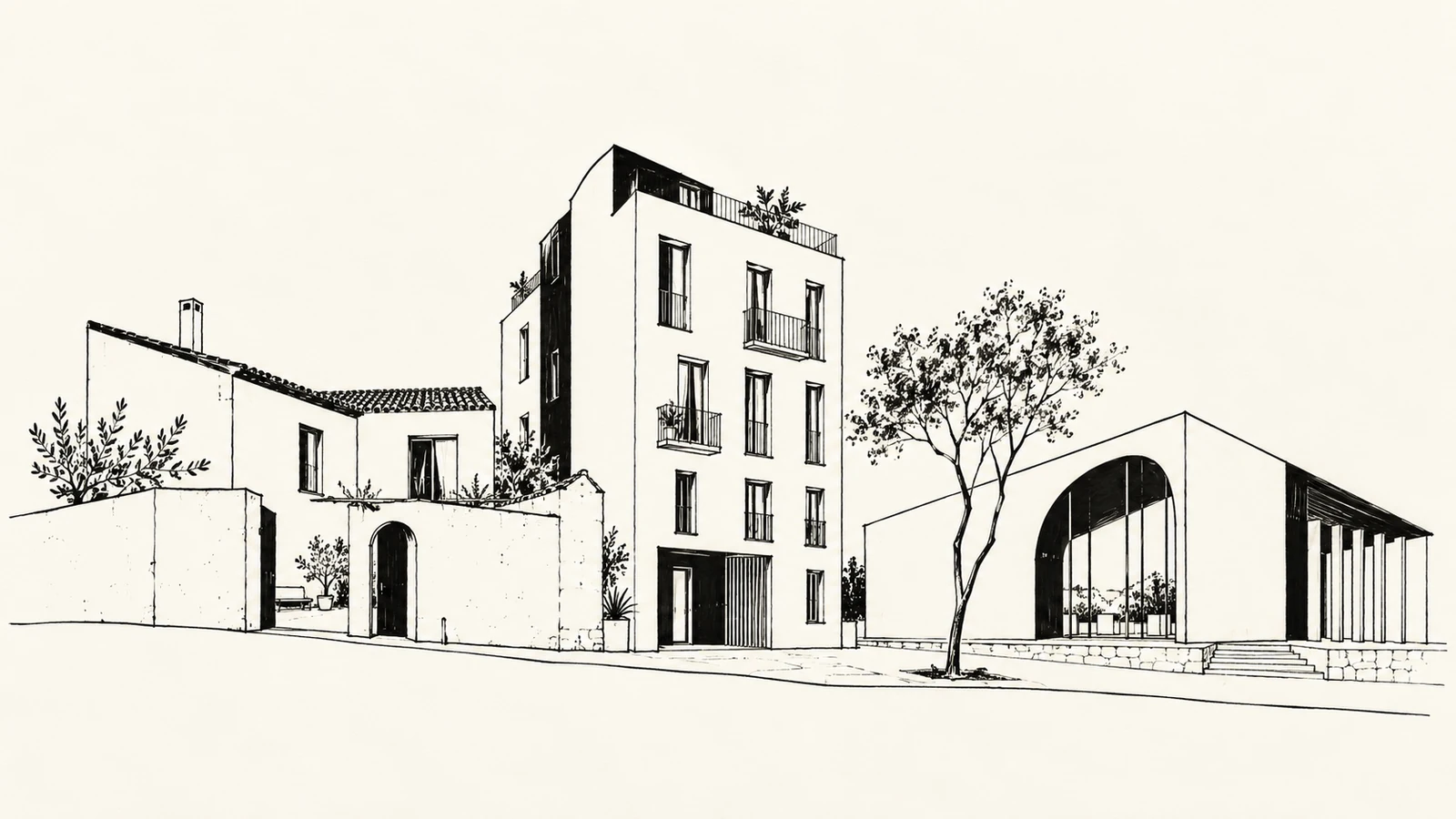 Black ink streetscape showing a courtyard house, an apartment building and a low public pavilion