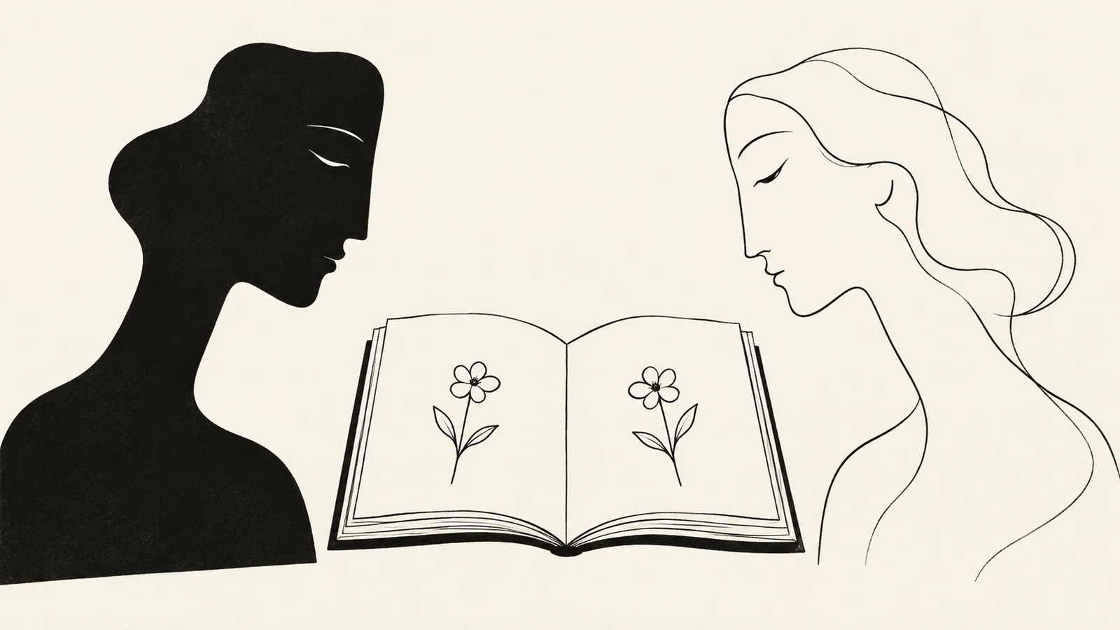 Black ink illustration of two abstract profiles facing an open book with matching flowers on its pages