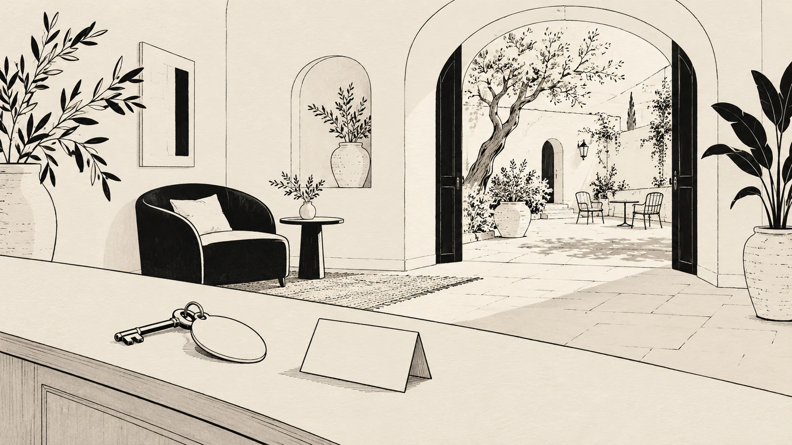 Black ink hotel lounge opening onto a courtyard, with a room key and information card on the reception counter