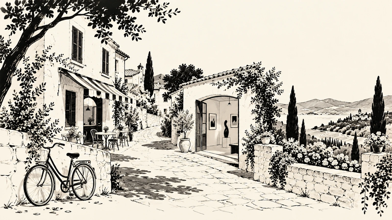 Black ink village lane connecting a café, an art gallery and a garden, with a bicycle beside a low wall