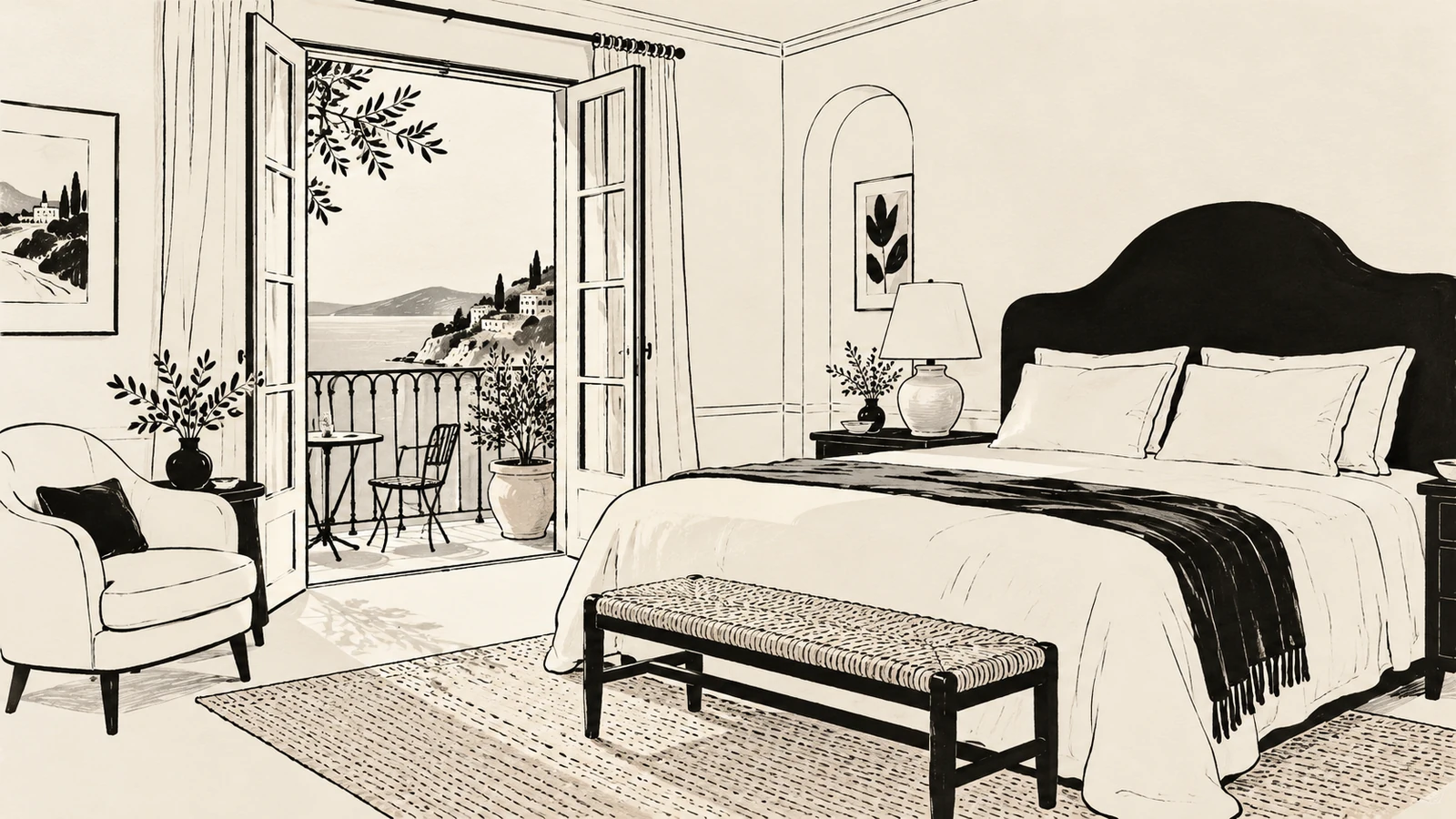 Black ink illustration of a hotel bedroom with a double bed, an armchair and doors opening onto a balcony