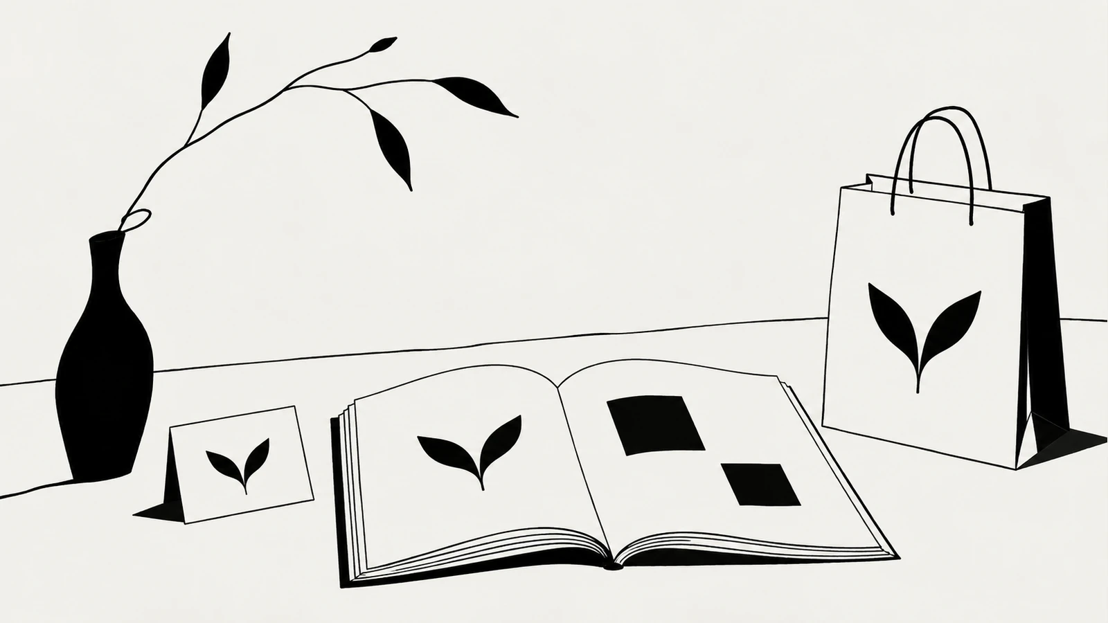 Black ink still life of an open brand manual, a card and a paper bag sharing a simple leaf emblem