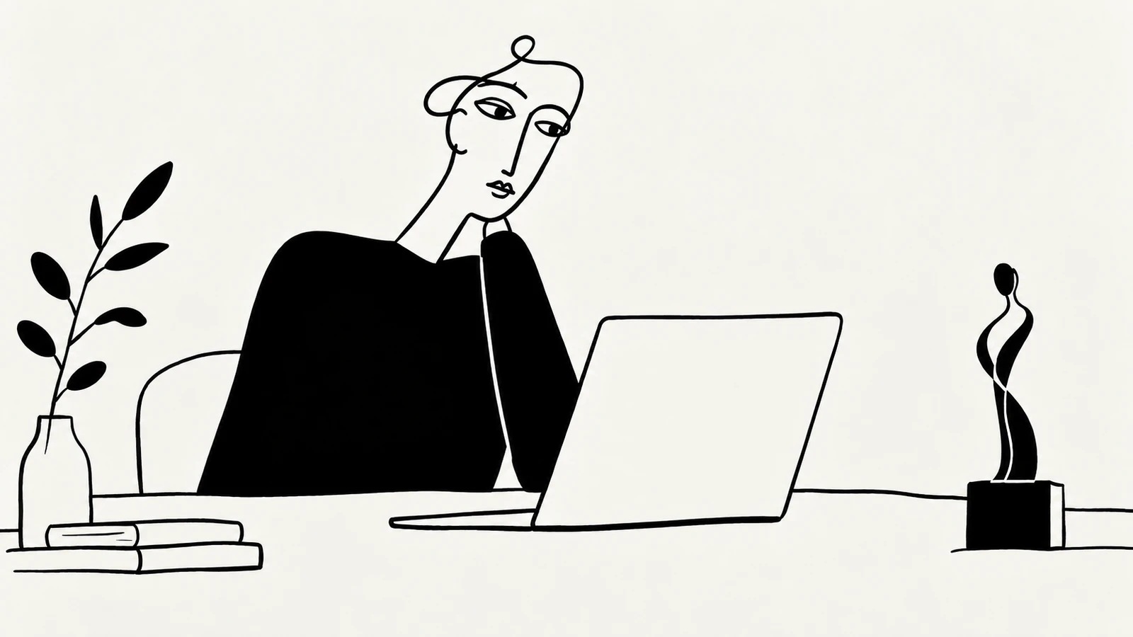 Minimal black ink illustration of a business owner using a laptop with an opaque lid beside a small design award