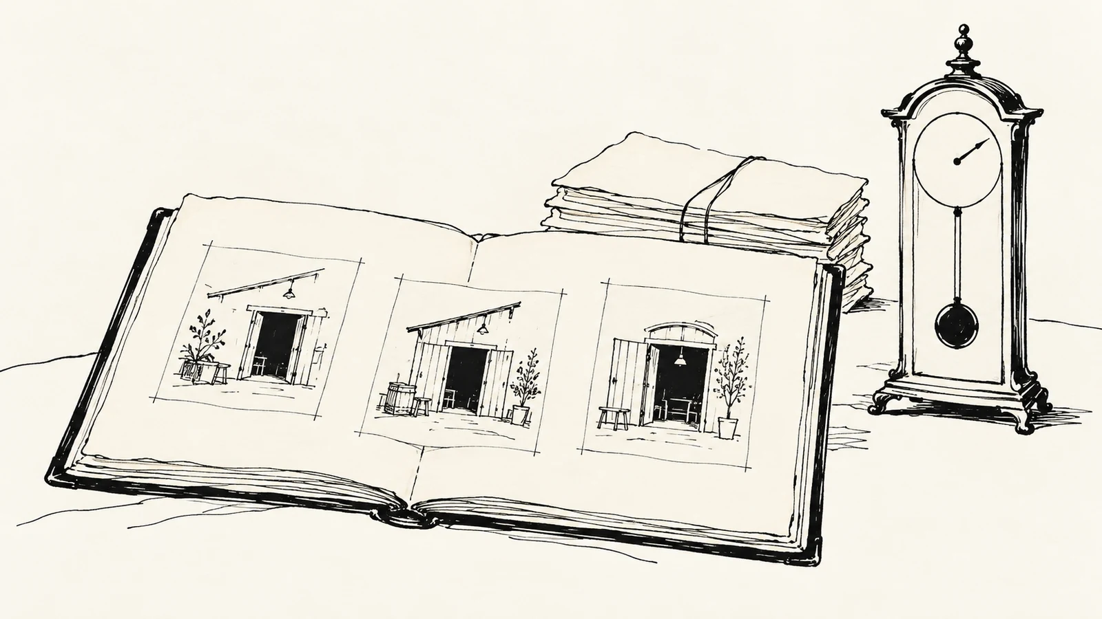 Black ink illustration of an open archive album with workshop sketches, a stack of papers and a pendulum clock