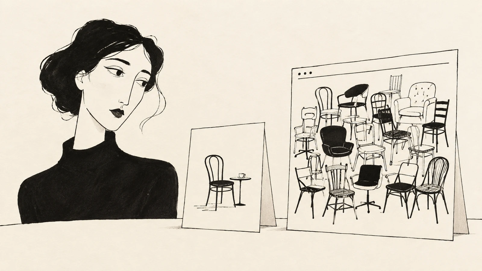 Black ink illustration of a visitor comparing a simple invitation card with a crowded browser panel full of different chairs