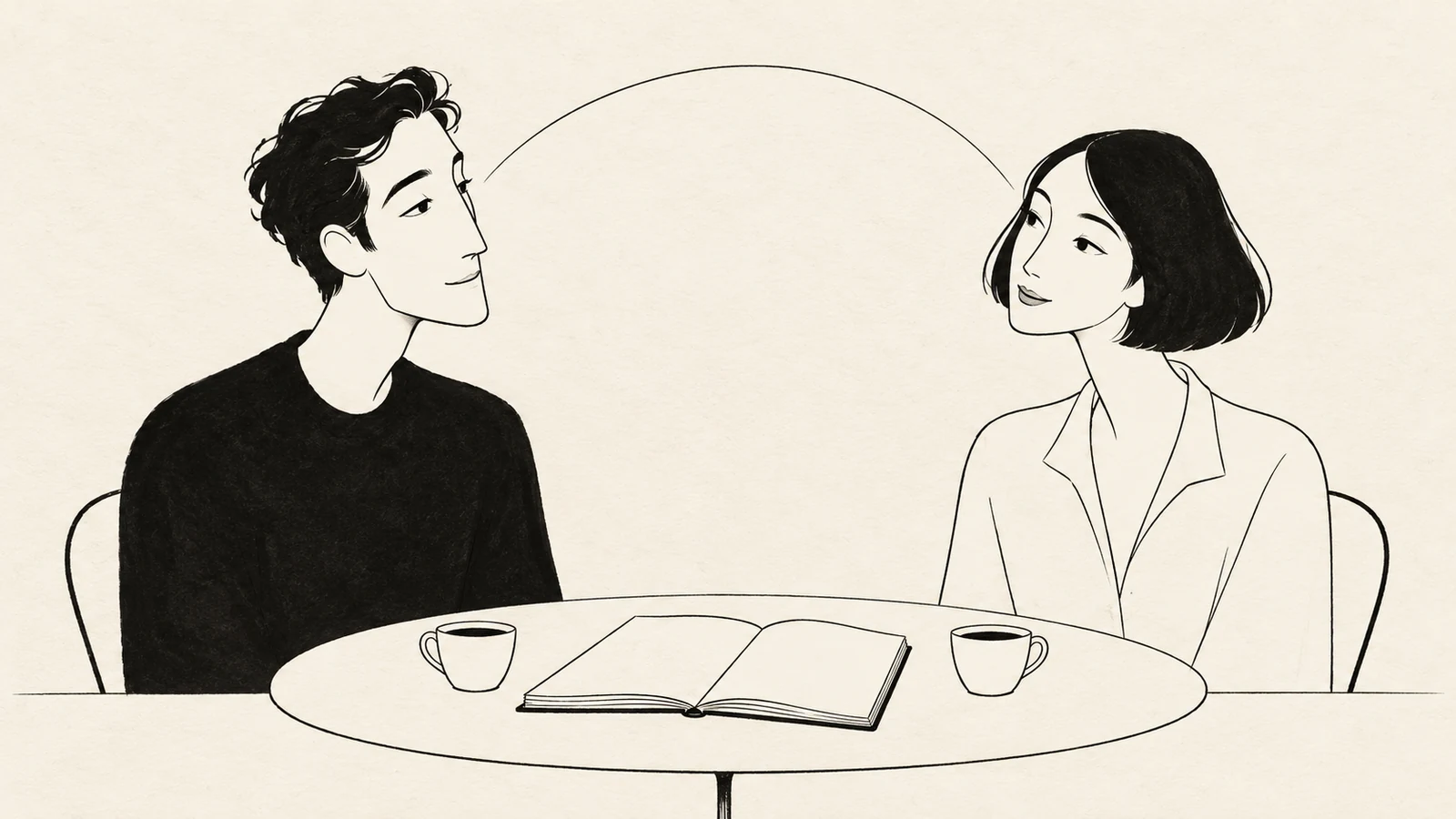 Black ink illustration of two people having a first conversation across a table with an open notebook and two cups