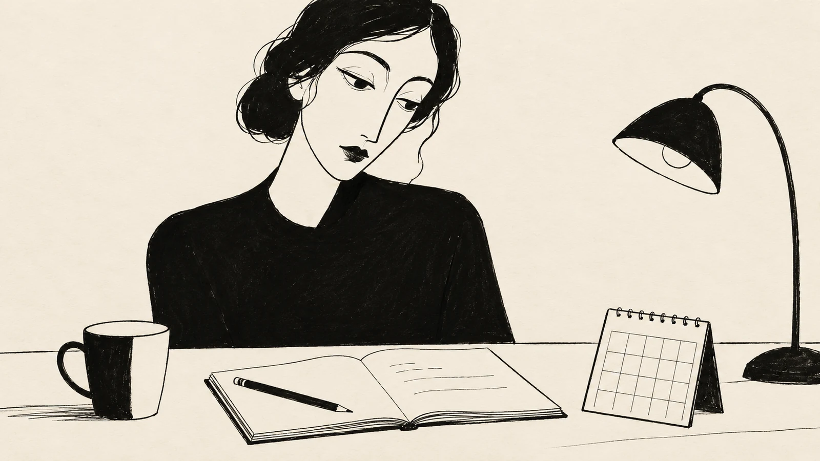 Black ink illustration of a thoughtful person reviewing an open notebook beside a cup, a blank desk calendar and a lamp