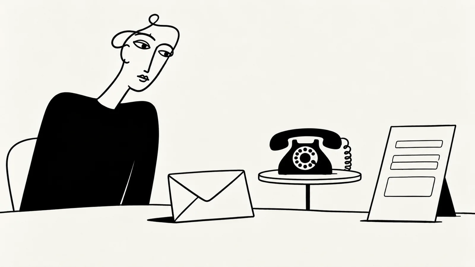 Black ink illustration of a visitor considering an envelope, a telephone and a simple contact form