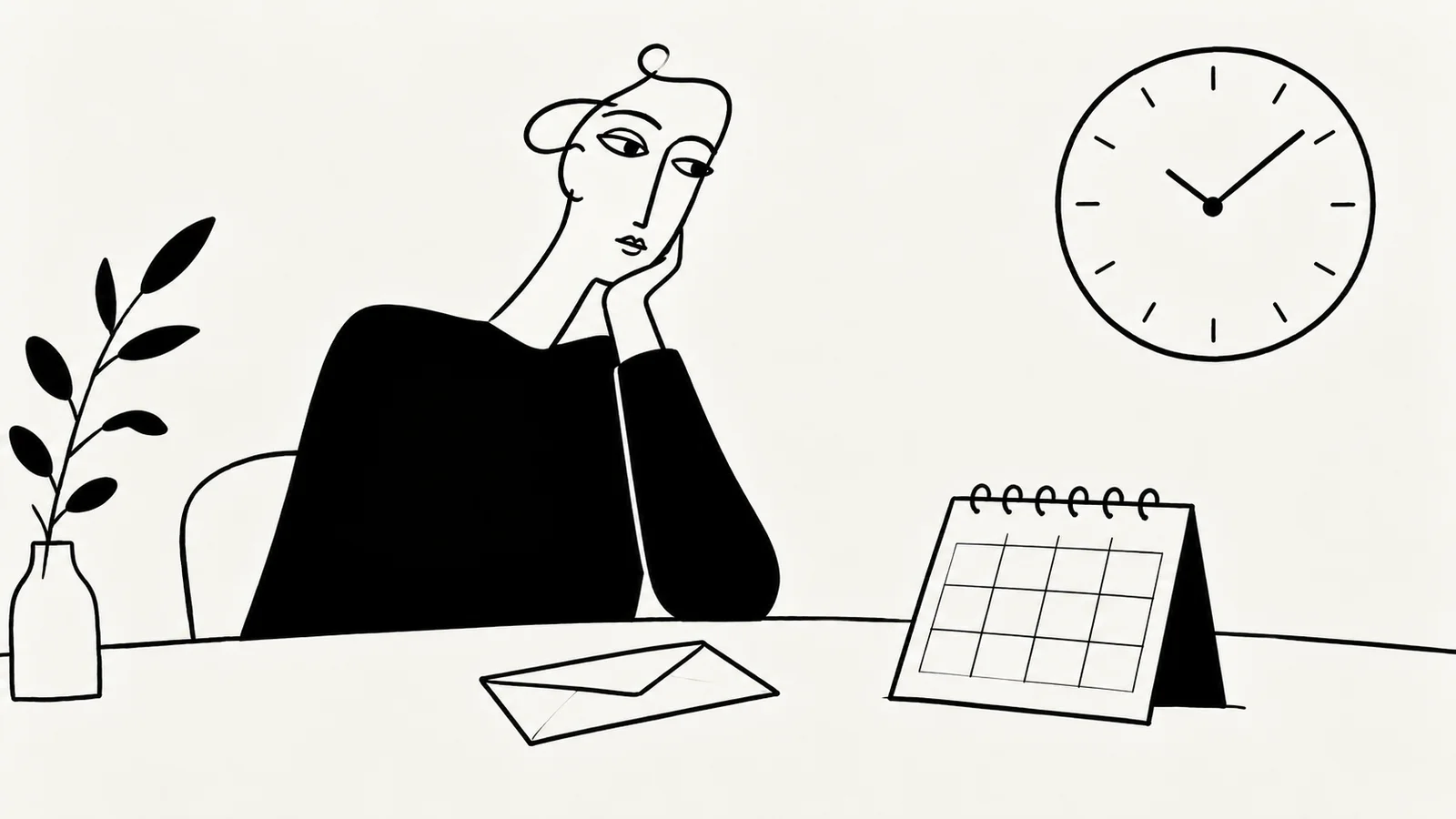 Black ink illustration of a person waiting beside an envelope, a desk calendar and a wall clock
