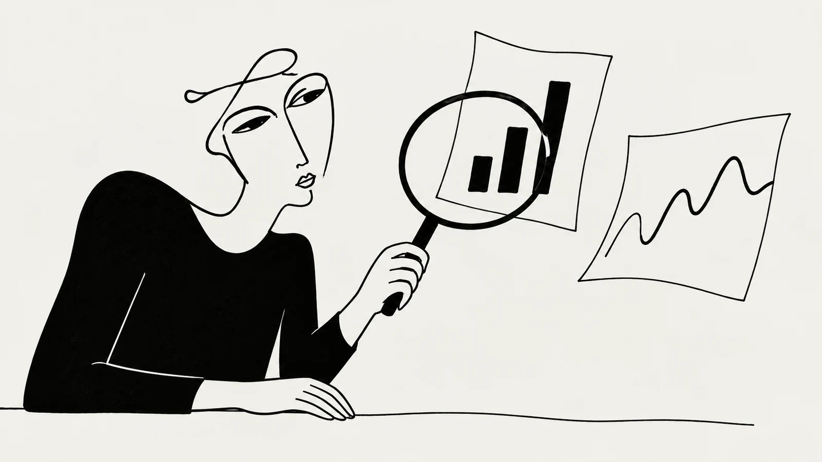 Black ink illustration of a person examining conceptual bar and line charts through a magnifying glass