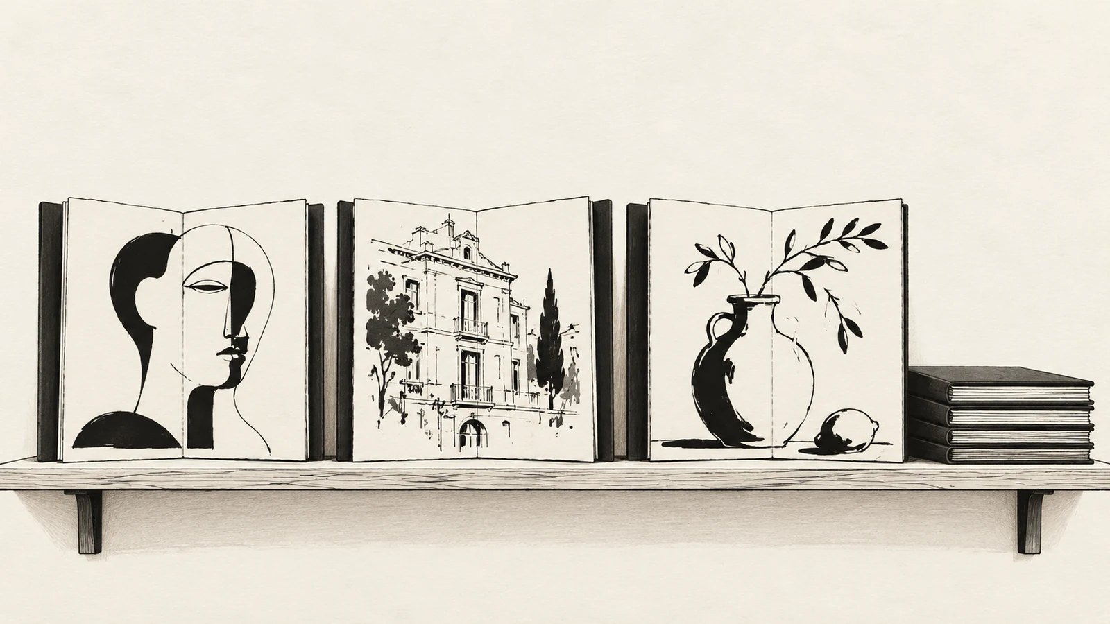 Black ink illustration of three open portfolios showing a portrait, architecture and a vase beside a stack of closed books