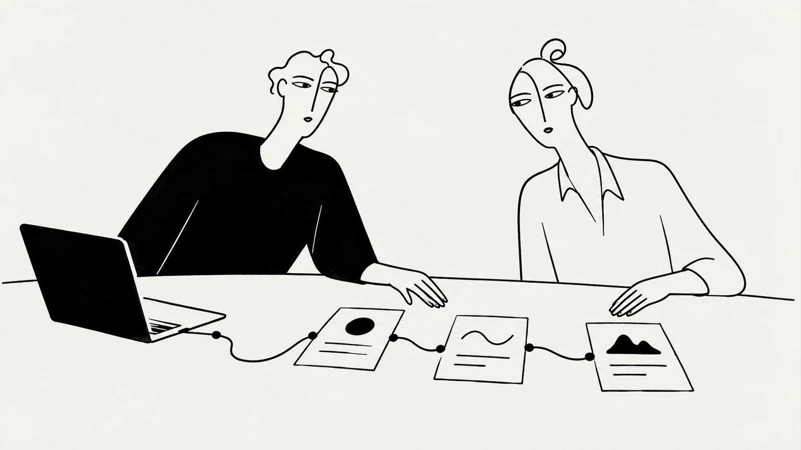 Black ink illustration of a designer and business owner arranging content cards beside a laptop