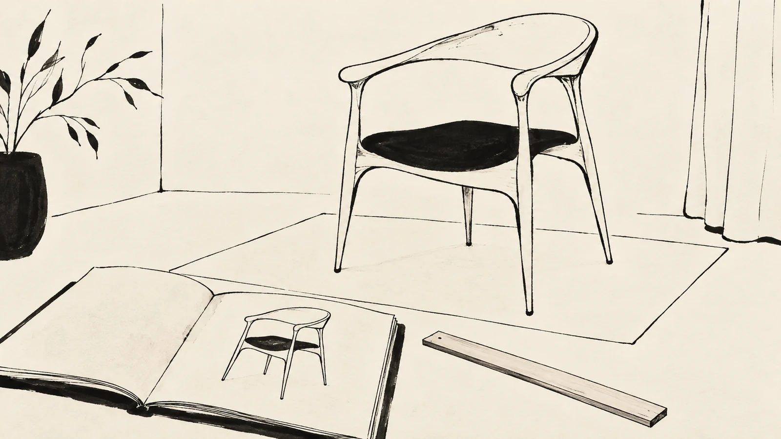 Black ink illustration of one chair beside its sketch and a ruler, suggesting a clearly defined piece of work