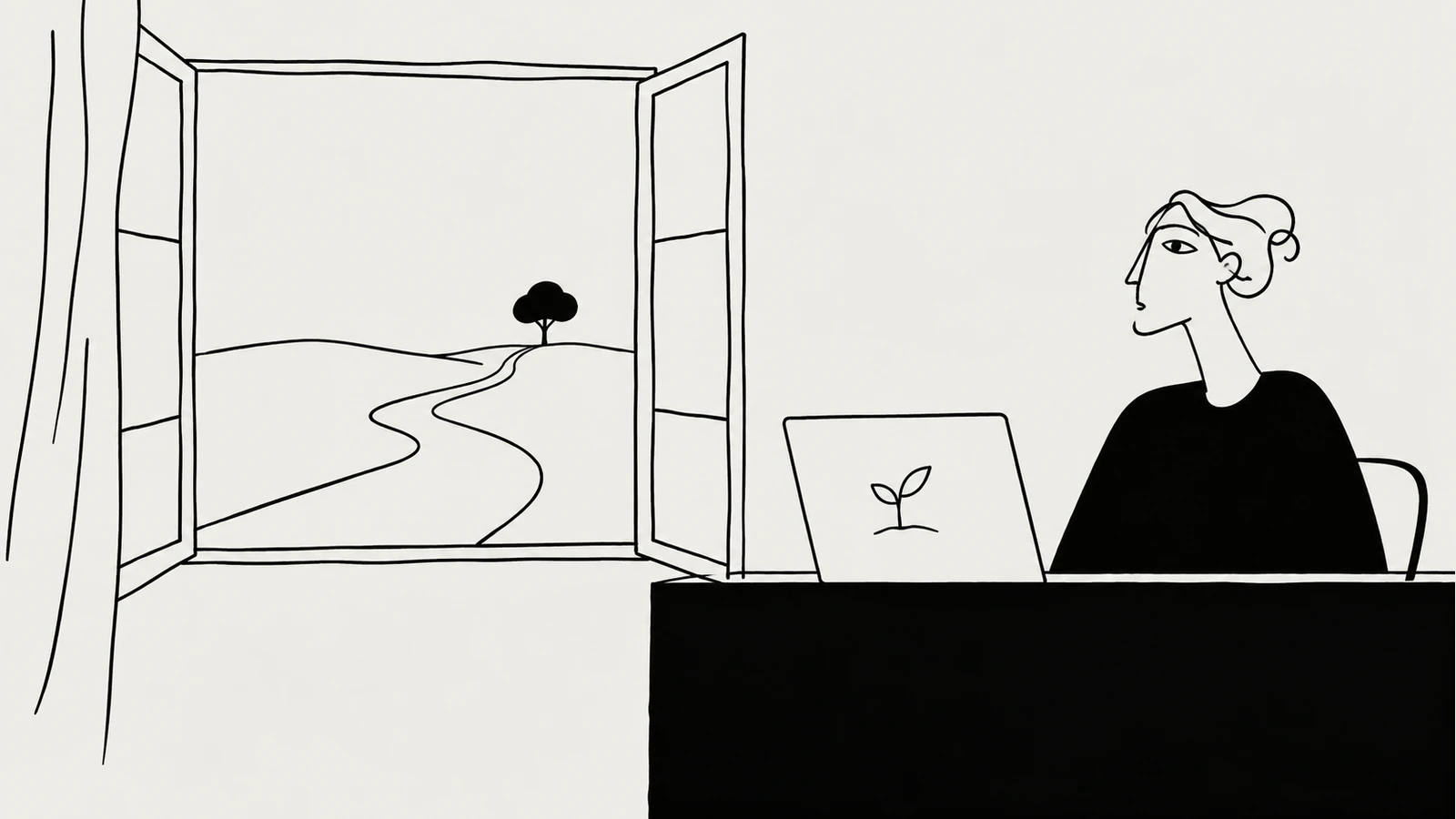 Black ink illustration of a person at a laptop beside an open window and a path toward a tree