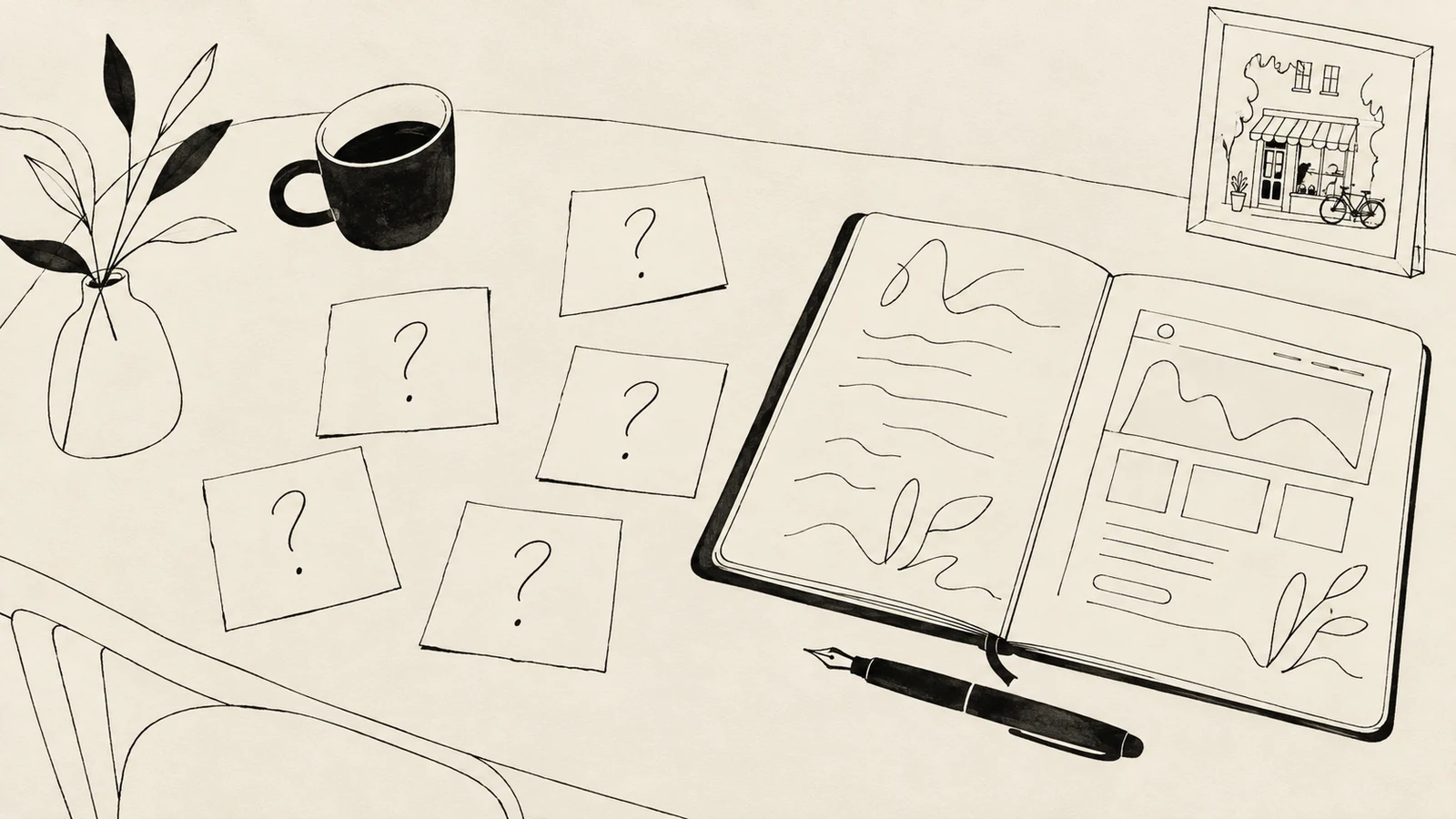 Black ink still life of five question cards beside an open homepage planning notebook, a pen, a cup and a framed shop drawing