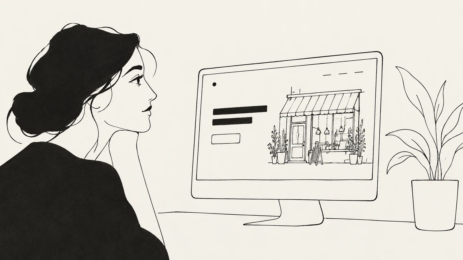 Black ink illustration of a first-time visitor studying a local business homepage on a desktop monitor beside a plant