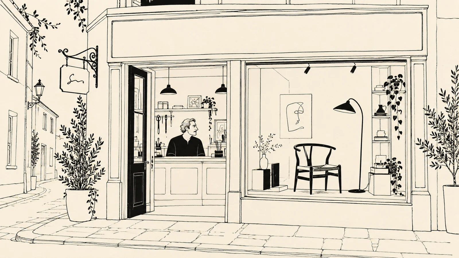 Black ink drawing of a neighborhood workshop with a blank sign, a chair in the window and its owner behind the counter
