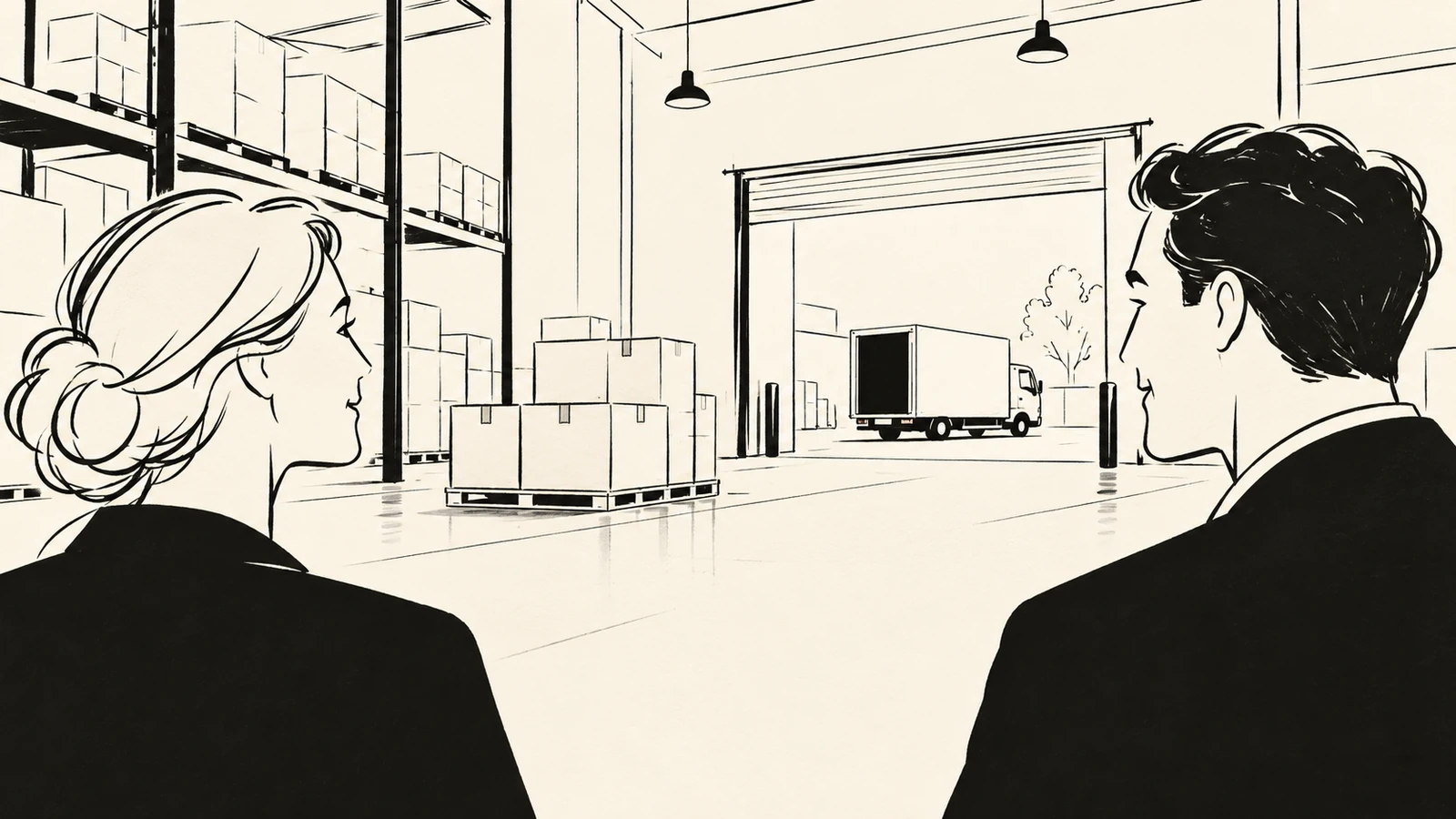 Black ink illustration of two people looking into a warehouse with cartons on a pallet and a truck outside the loading doorway