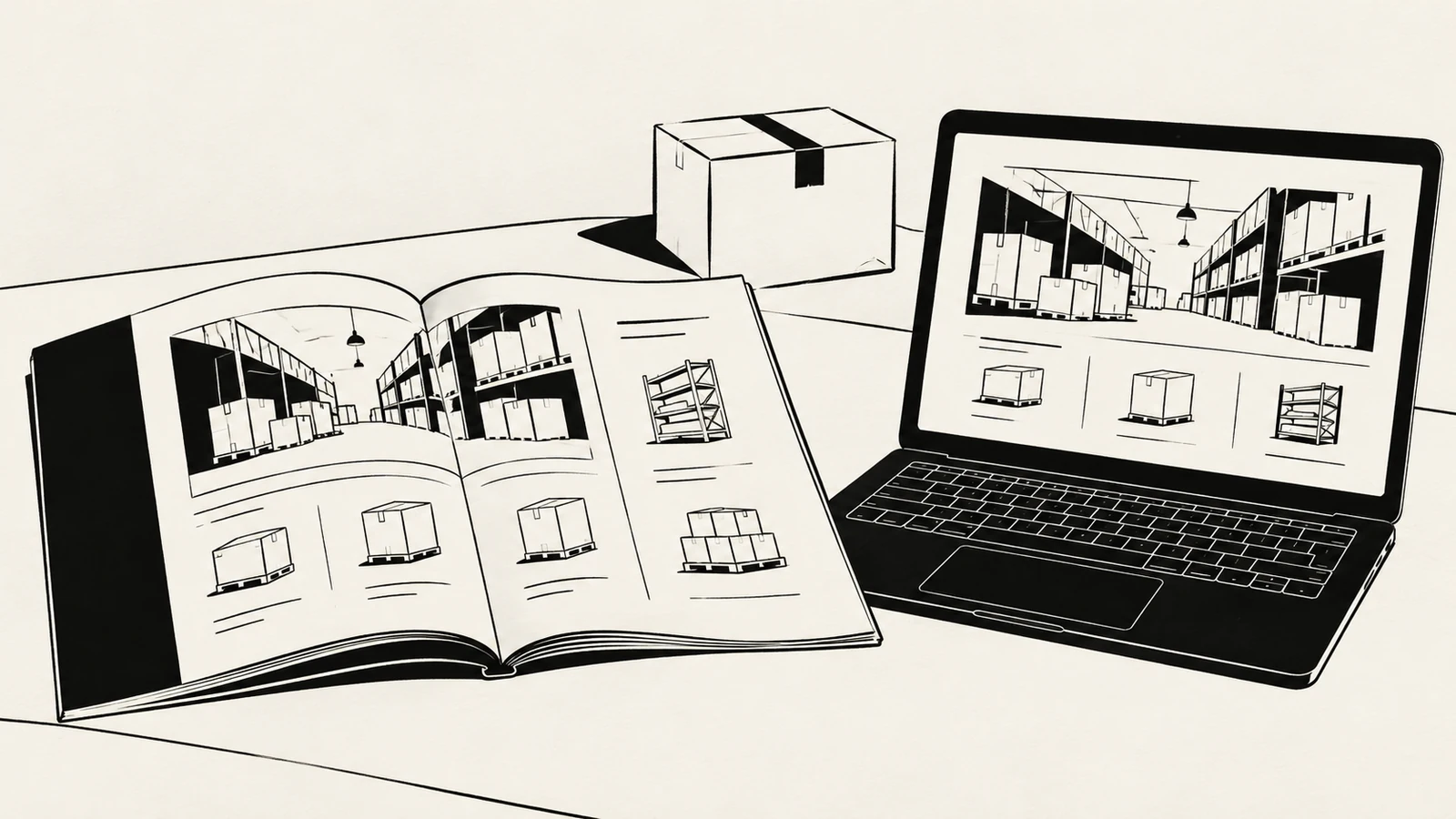 Black ink illustration of an open catalog and laptop showing the same warehouse and parcel imagery beside a small carton