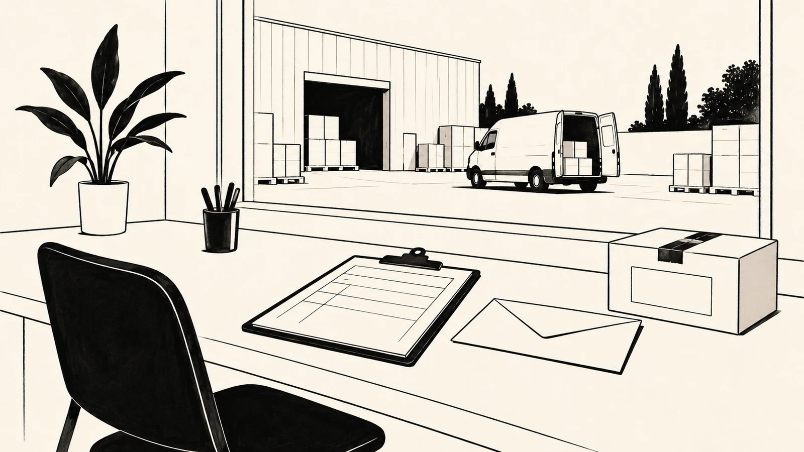 Black ink illustration of a clipboard, envelope and parcel on a desk overlooking a warehouse loading area and delivery van