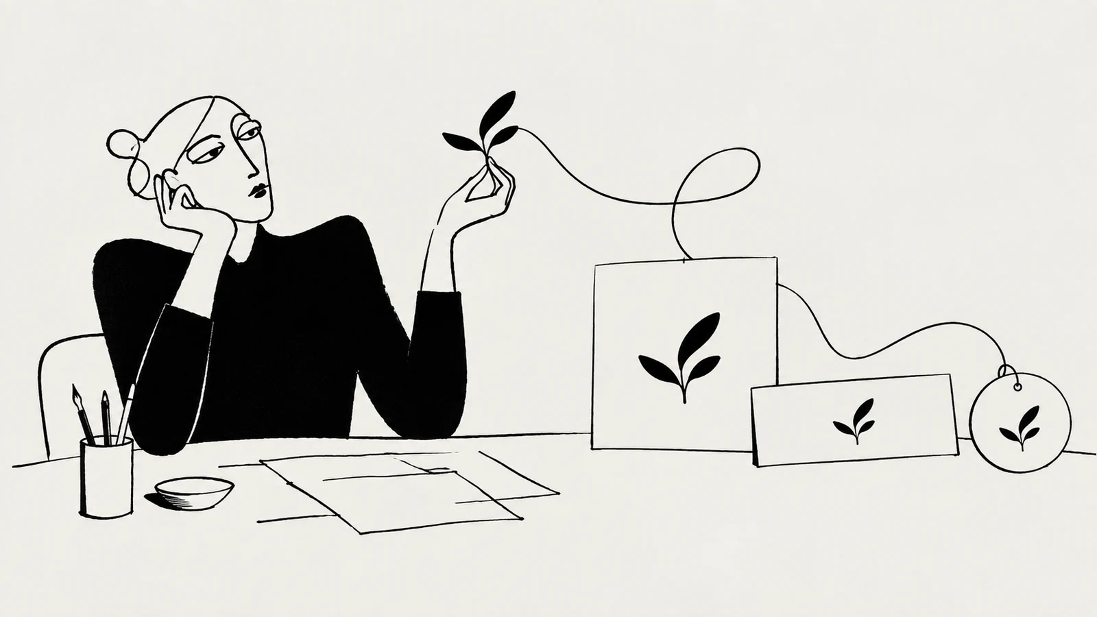 Black ink illustration of a designer adapting one leaf-like emblem to horizontal, square and circular formats