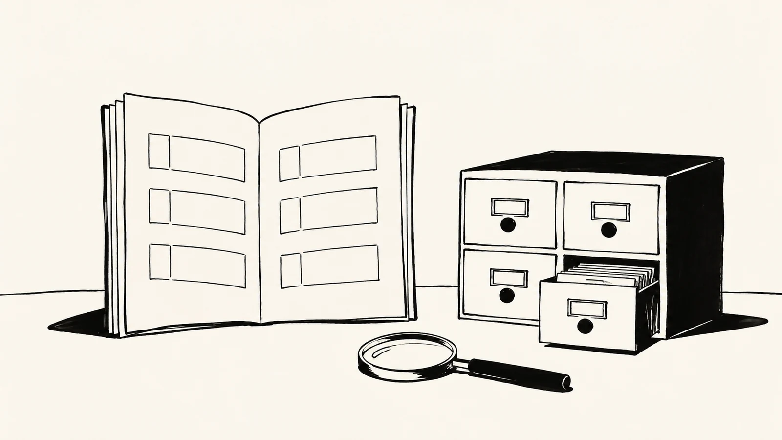 Black ink illustration of an open directory book beside index-card drawers and a magnifying glass