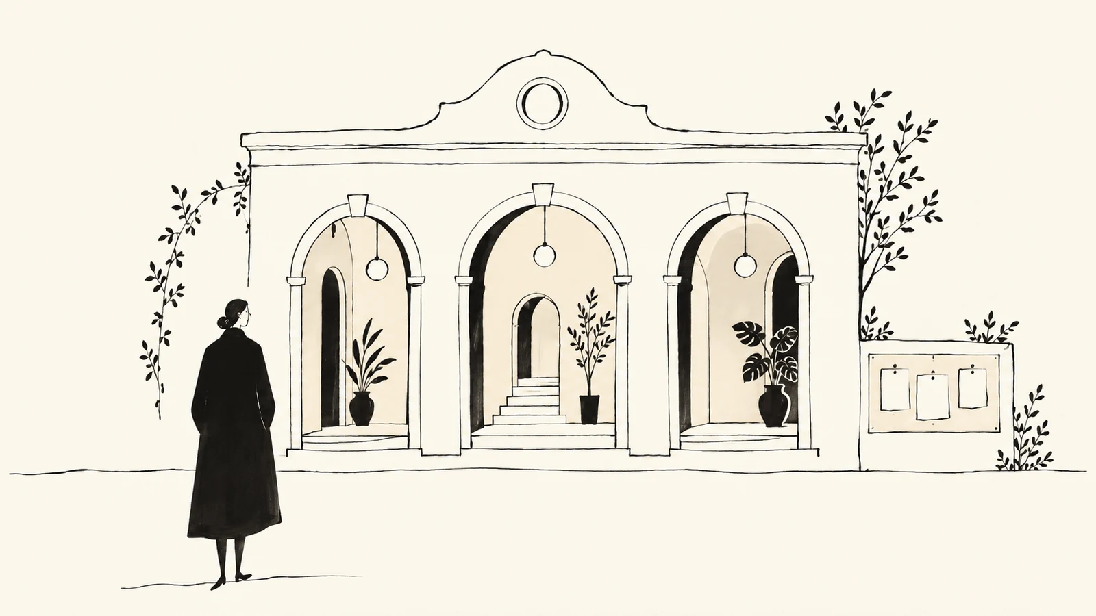 Black ink illustration of a visitor facing three open arches beside a small noticeboard with blank sheets