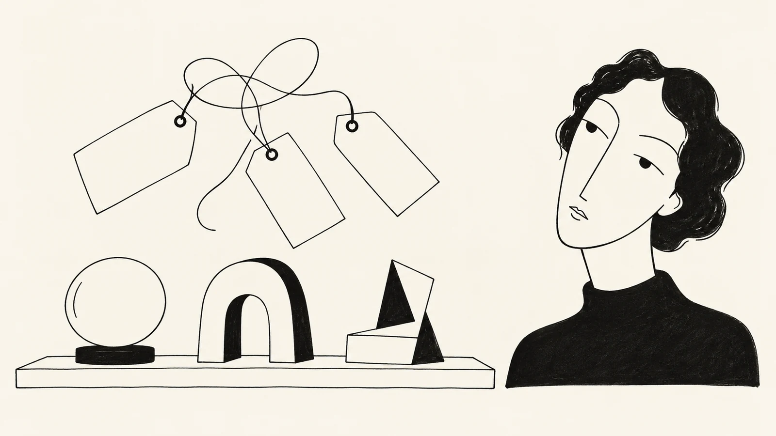 Black ink illustration of an abstract designer studying tangled blank labels above three distinct sculptural objects
