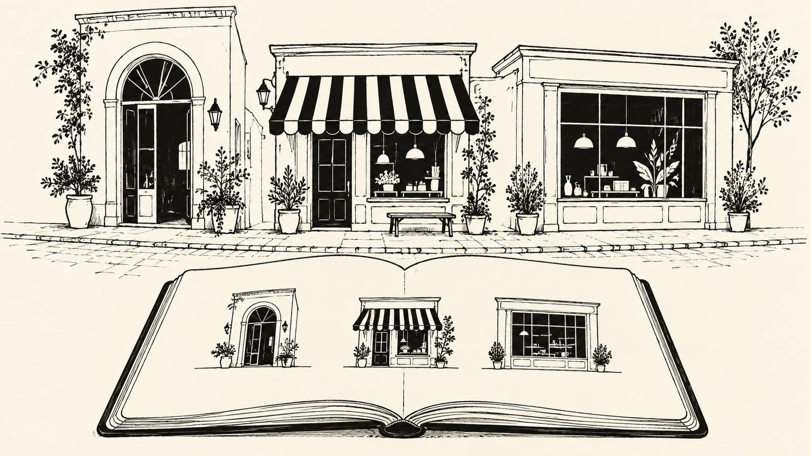 Black ink illustration of three distinct storefronts repeated as small drawings in an open notebook