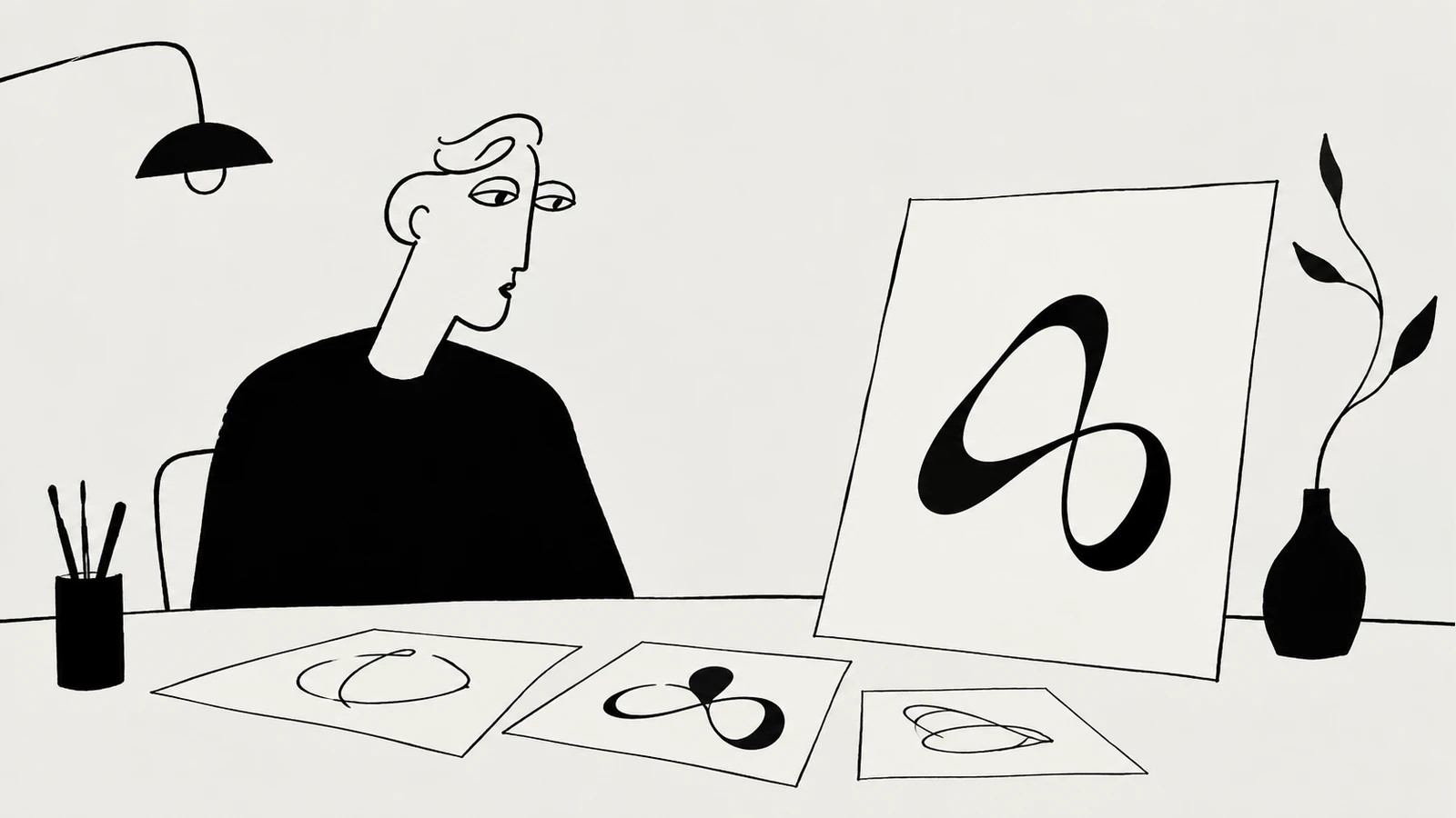 Black ink illustration of a designer considering one clear abstract emblem beside a few rough studies