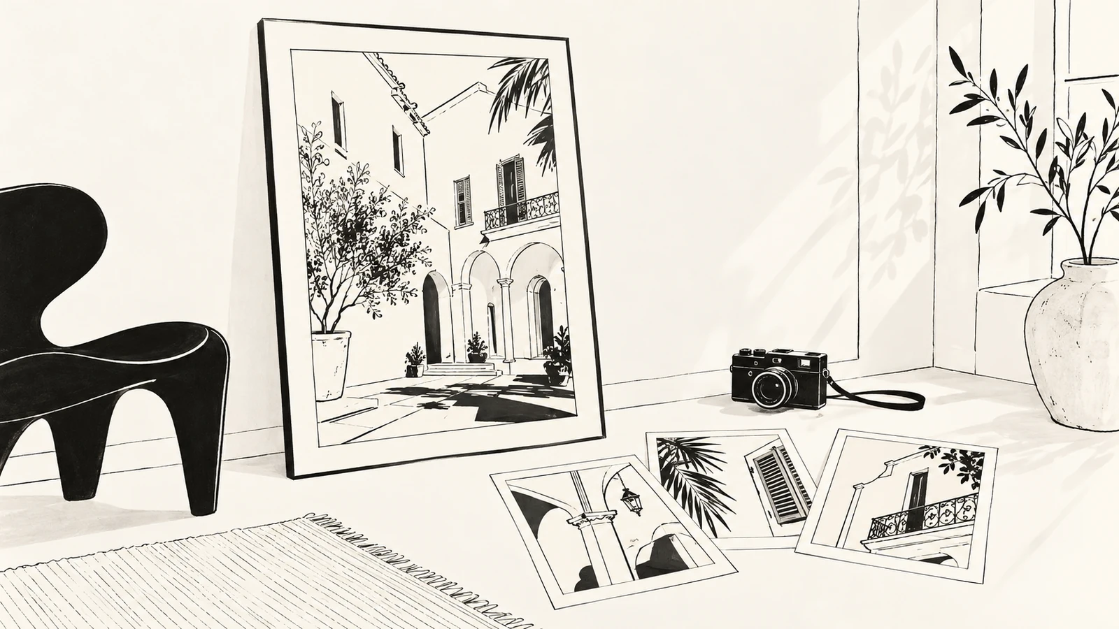 Black ink illustration of a large architectural print with three matching detail prints and a camera in a quiet studio