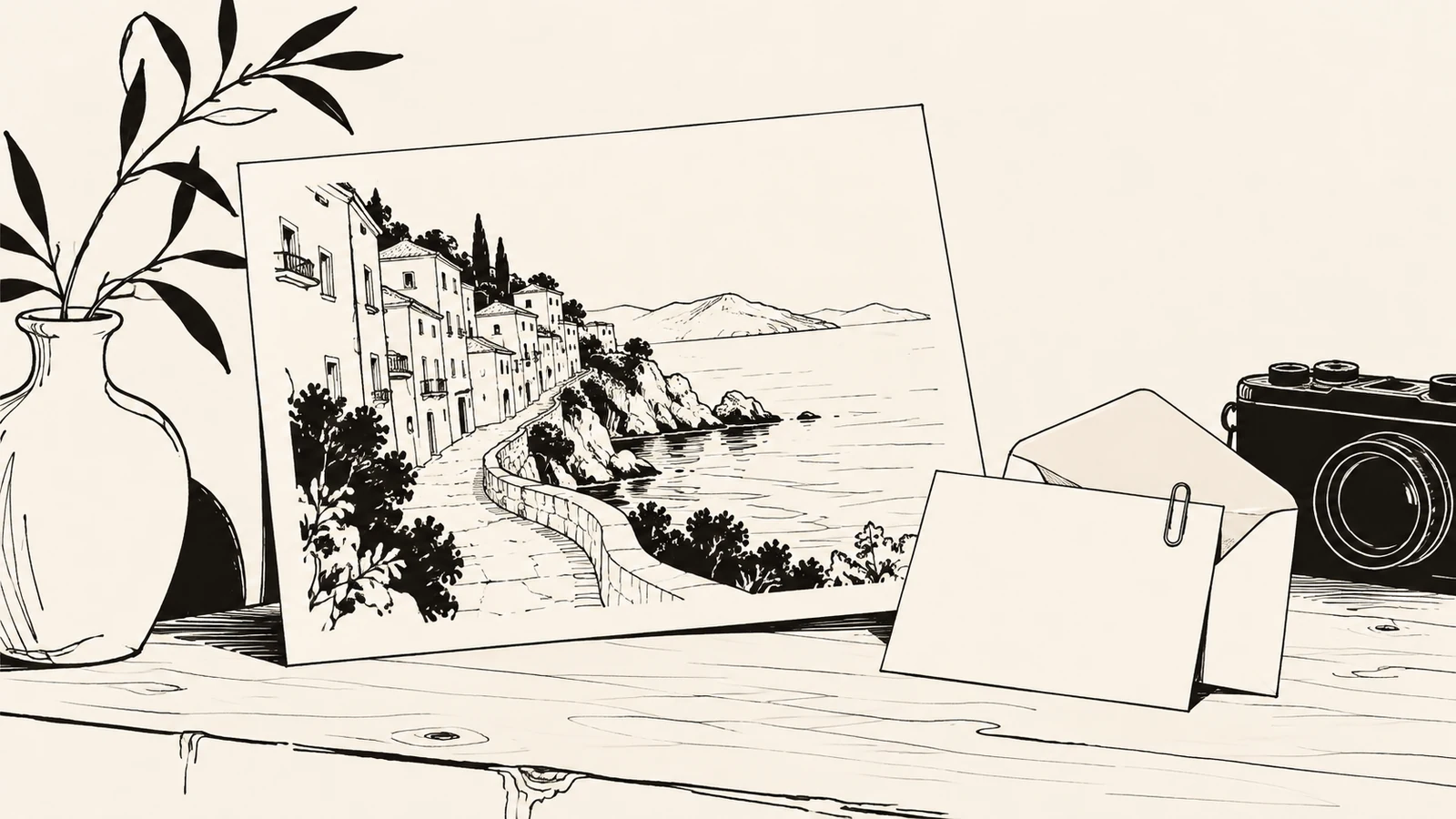 Black ink illustration of a coastal village print beside an open envelope and blank enquiry card on a photographer’s desk