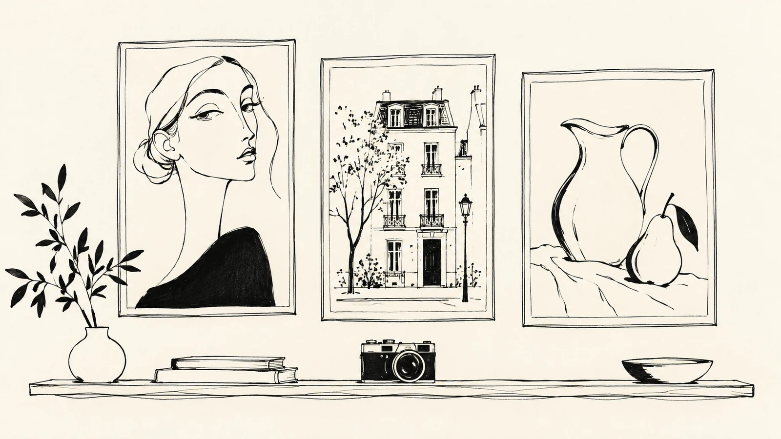 Black ink gallery wall with framed portrait, architecture and still-life images above a shelf holding a camera