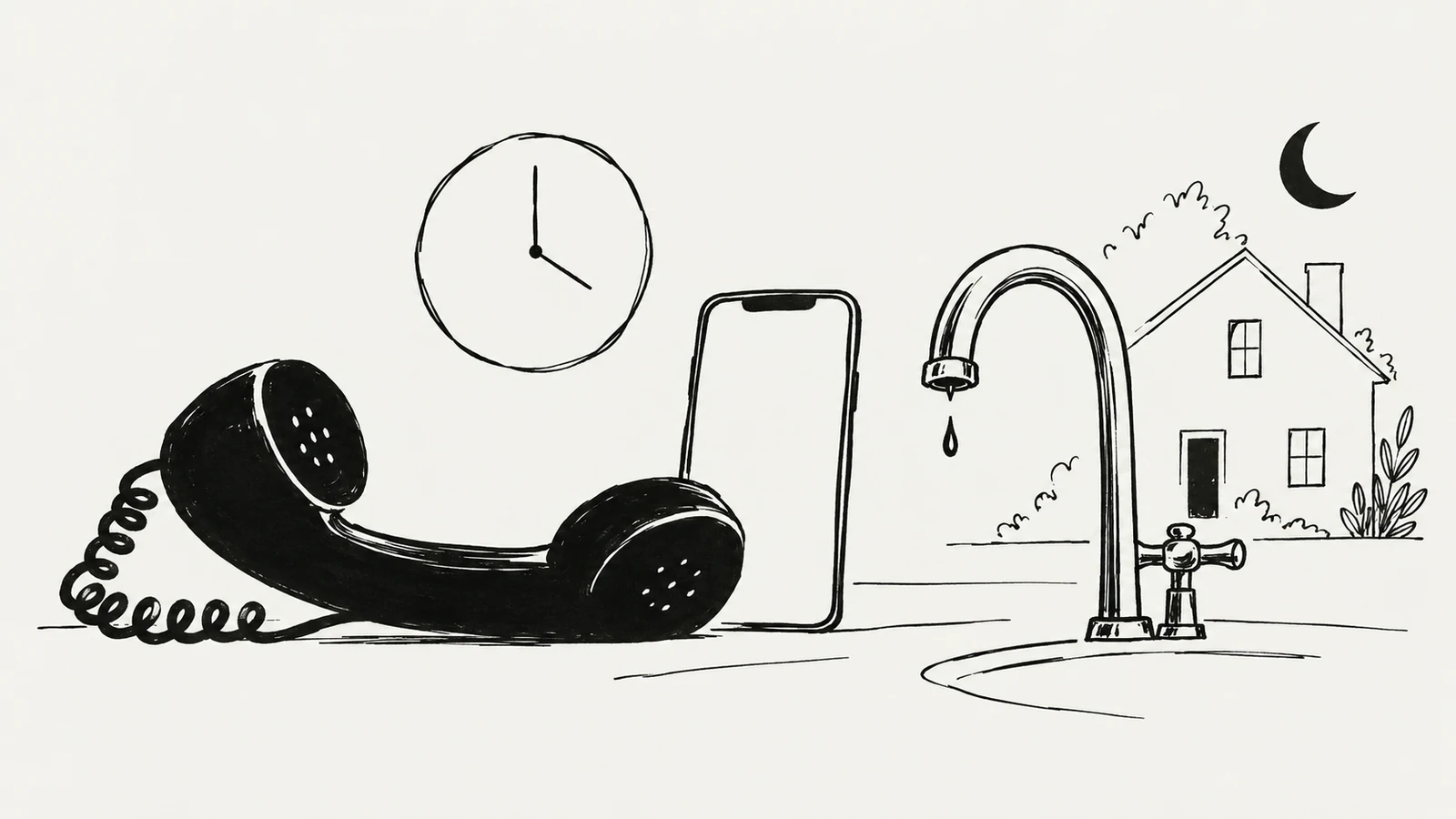 Black ink telephone, smartphone and clock beside a faucet and a house beneath a crescent moon