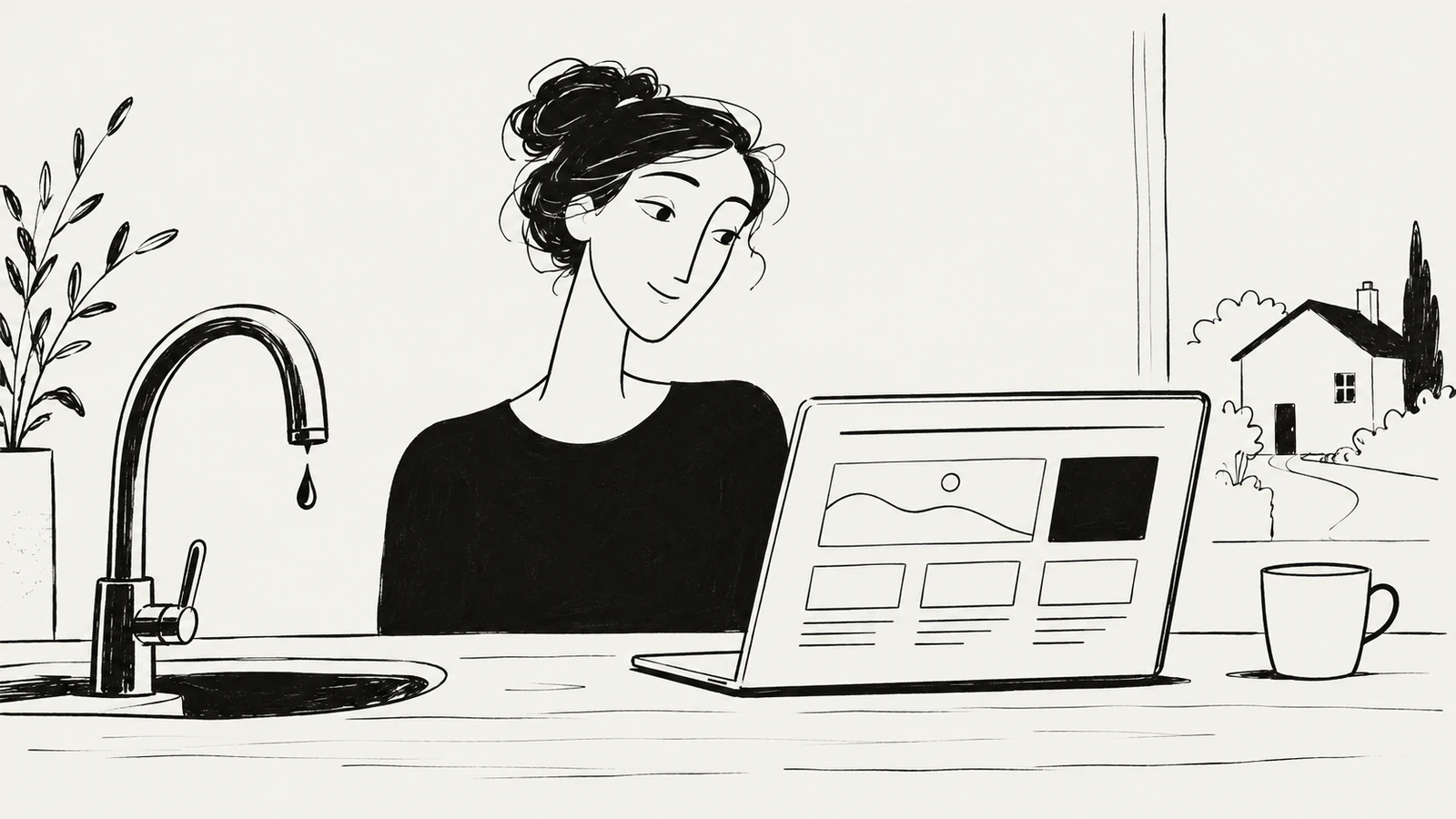 Black ink illustration of a person reviewing a website on a laptop beside a kitchen faucet