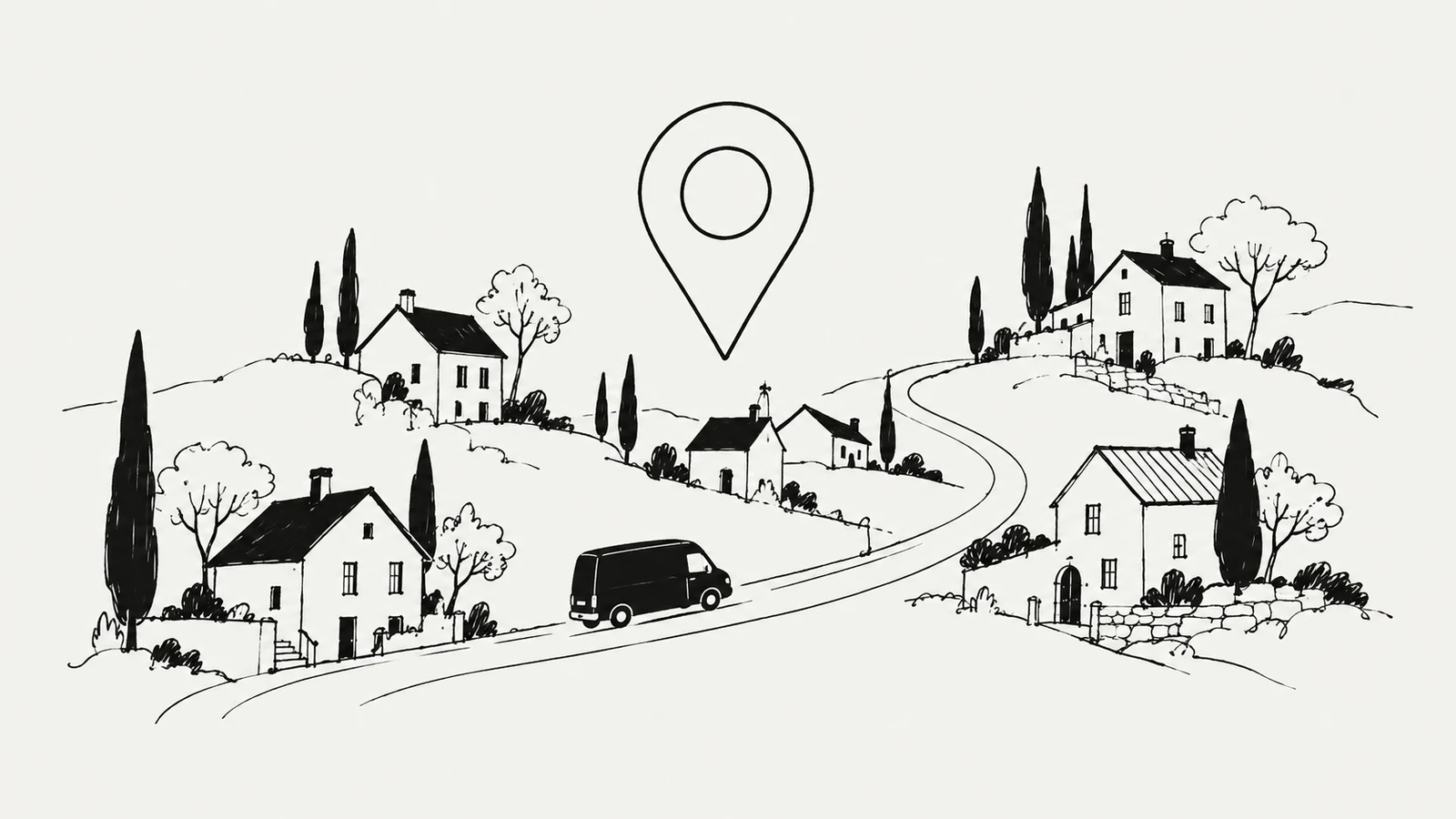 Black ink illustration of a service van following a road between houses beneath a location marker
