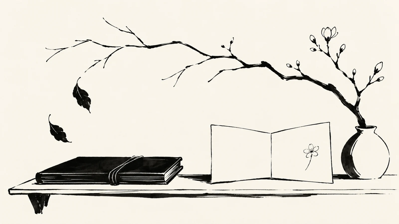 Black ink illustration of a closed archive and an open program beside a branch with falling leaves and new buds