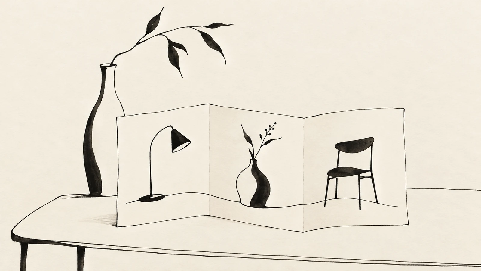 Black ink still life of an open folded guide showing a lamp, vase and chair as distinct choices