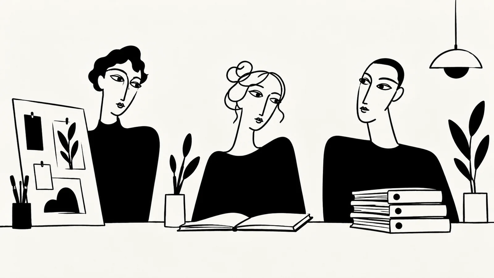 Conceptual black ink illustration of three team members with a portfolio board, an open notebook and project folders