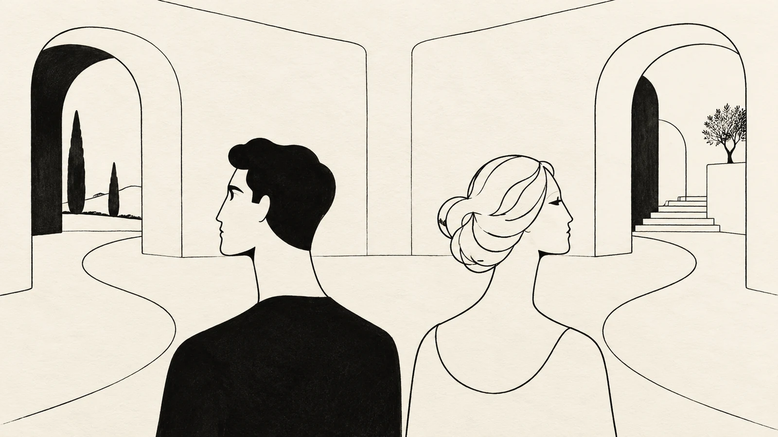 Black ink illustration of two people looking toward separate archways connected by flowing paths