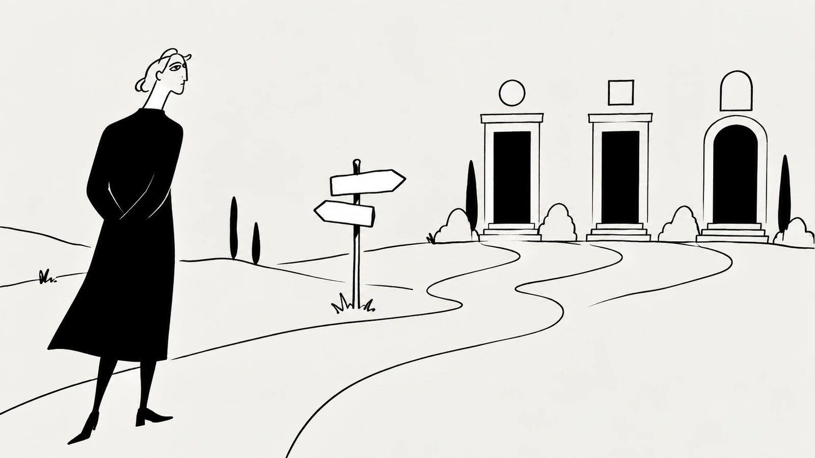 Black ink illustration of a person considering a clear path toward three distinct doorways