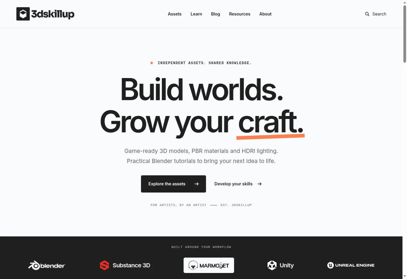 3DSkillUp website with asset categories and the Build worlds. Grow your craft. headline