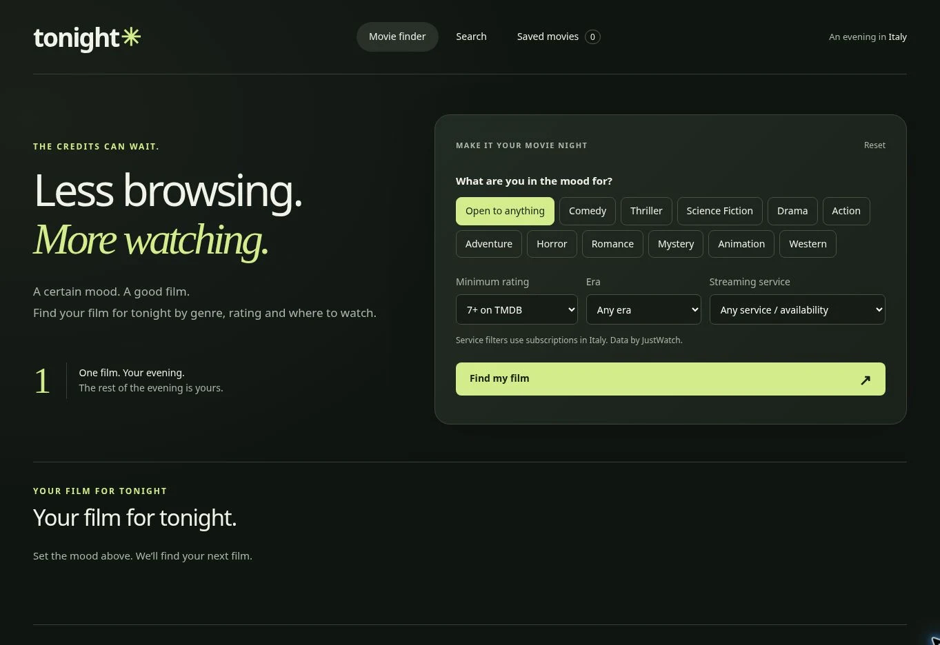 Tonight Movie Finder live interface, showing genre choices, rating, era and streaming filters