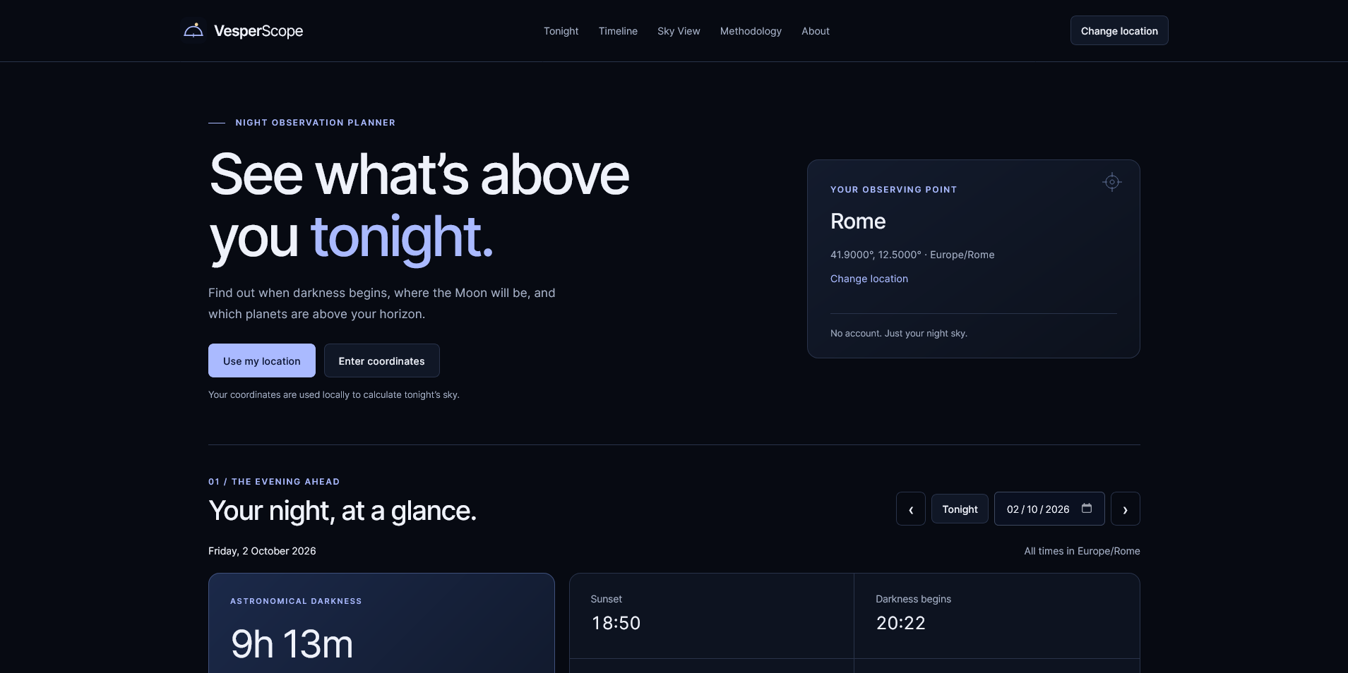 VesperScope night observation planner showing the Rome observing location, date controls and an evening darkness summary