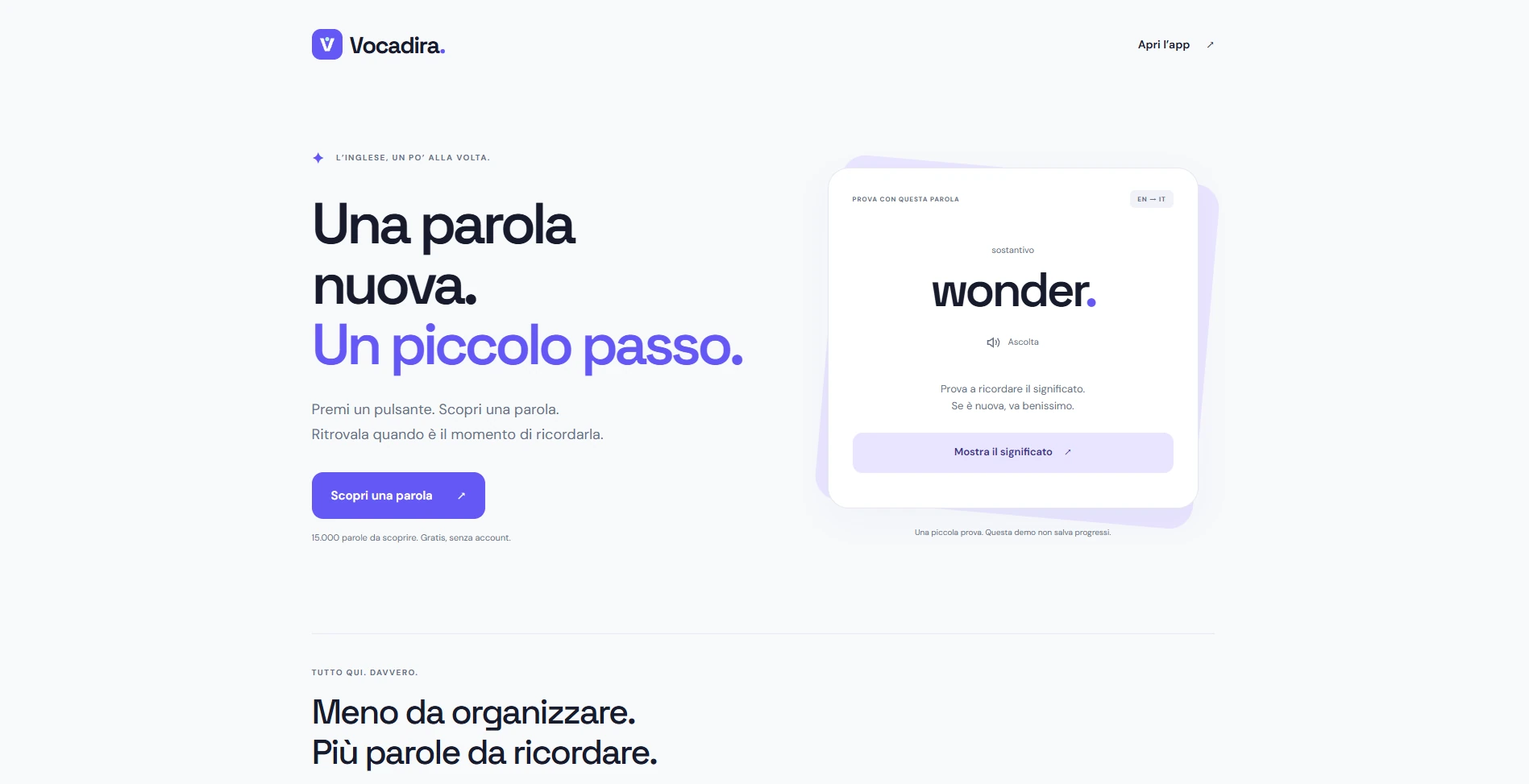 Vocadira homepage with the Una parola nuova. Un piccolo passo. headline and an English vocabulary card for wonder